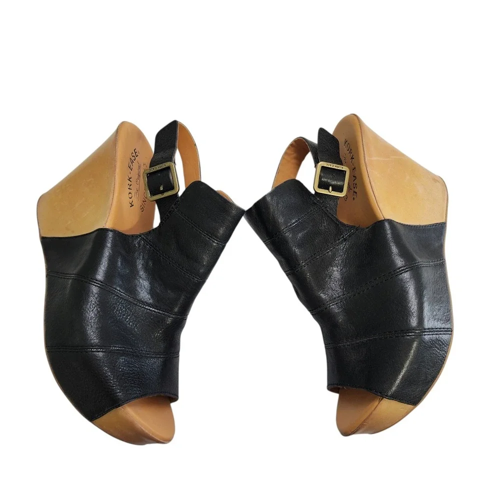 Kork Ease Womens Bergen Wedge Size 9 Black Open Toe Adjustable Strap Leather